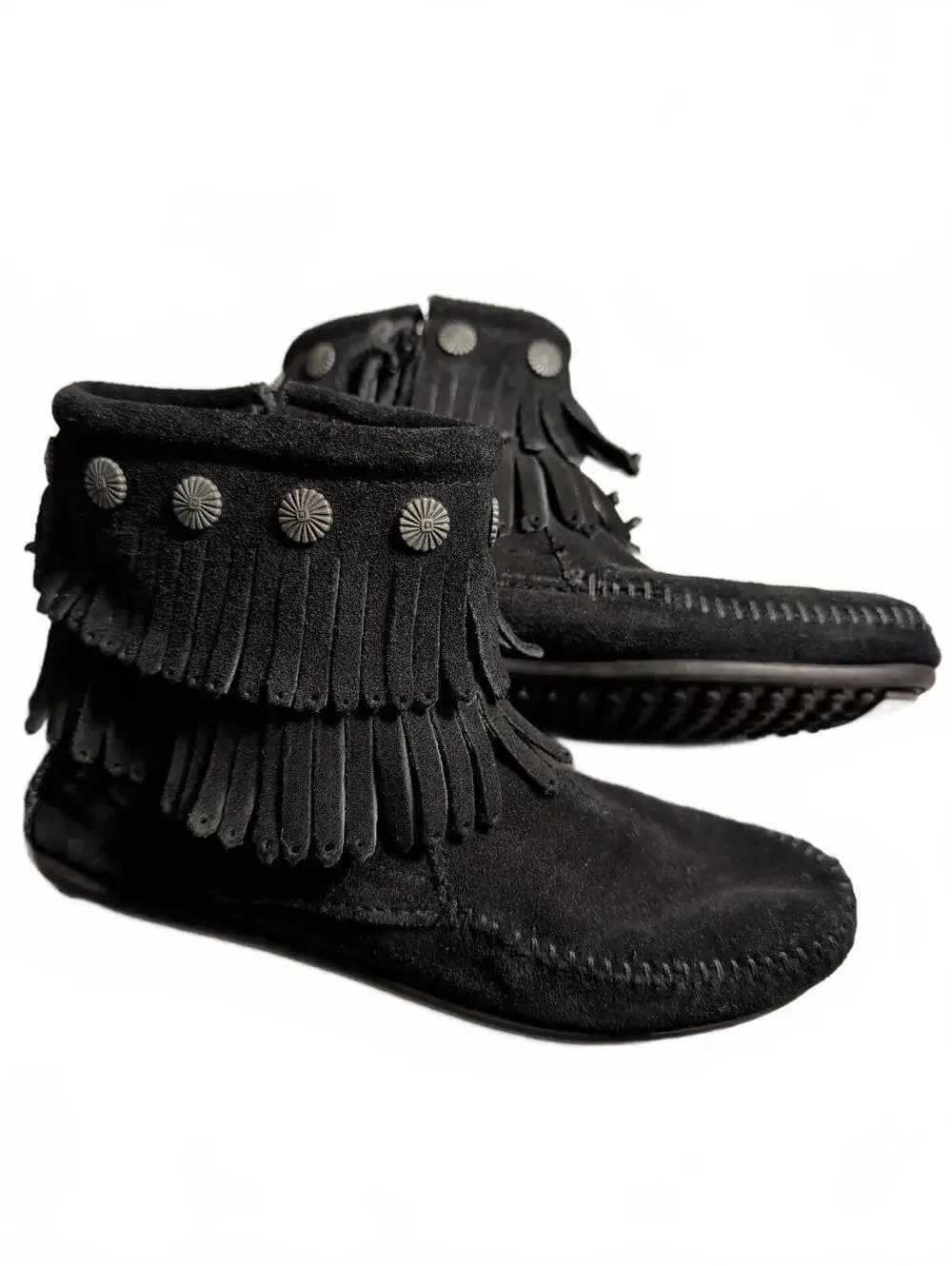 Minnetonka Black Suede Moccasin Fringe Ankle Boots Womens Size 6 Boho Earthy